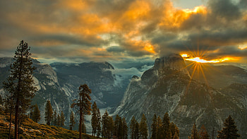 Yosemite NP, California, sunset, valley, landscape, clouds, trees, sky, usa HD wallpaper