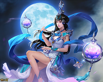 Fantasy girl, blue, smash of dynasty, frumusete, girl, shaobing wang, pink, moon, fantasy, game, luna, luminos HD wallpaper