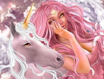 Fairytale, helios, white, pink, chibi moon, fantasy, heszperia, unicorn, girl HD wallpaper