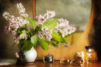 still life 1, art , still life, ladies table, vase, glasses, flowers, perfume bottles, nice HD wallpaper