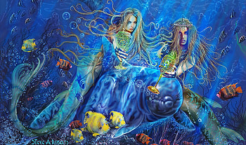Mermaid Sisters, blue, sea, fantasy, Mermaids, Dolphin, ocean HD wallpaper