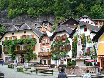 Hallstatt, Austria, building, sreet, statue, tree HD wallpaper
