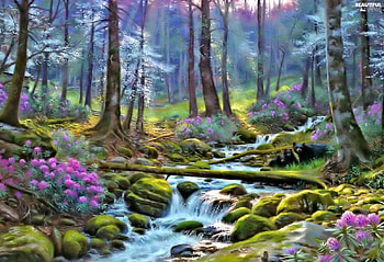 dream forest, waterfall, trees, natur, forest HD wallpaper