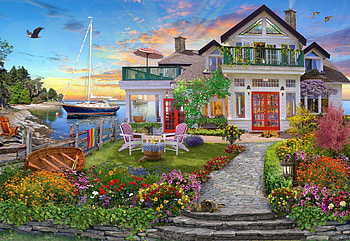 Coastal Escape, artwork, sea, boat, birds, garden, cottage, sky, flowers, digital HD wallpaper