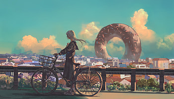 Anime Original Bike City Long Hair Artwork, anime, artist, artwork, digital-art HD wallpaper