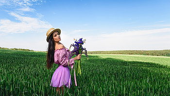 Girl Field Hat With Flowers Bokeh, girls, model, field HD wallpaper