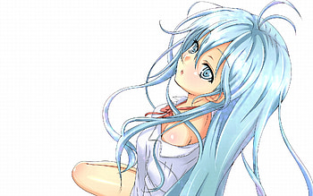 touwa erio blue hair, white, blue eyes, blue hair, girl, long hair, touwa erio, ahoge, nice, highres, shirt, kawaii, looking up, anime, simple background, solo HD wallpaper