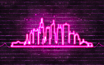 Chicago purple neon silhouette, , purple neon lights, Chicago skyline silhouette, purple brickwall, american cities, neon skyline silhouettes, USA, Chicago silhouette, Chicago HD wallpaper