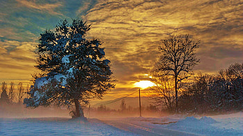 Sunset in the fog - Village of Grand Chatel in the Jura, France, winter, snow, trees, landscape, clouds, colors, sky HD wallpaper