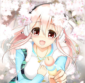 Dango, floral, long hair, flower, happy, pink eyes, female, animegirl, blossom, sweet, super sonico, smile, girl, pink hair, food, sonico, anime, pretty, nic, lovely HD wallpaper