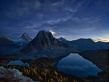 Summit, mountains peak, lake, night, nature HD wallpaper