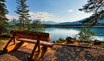 Bench-on-the-shore-of-a-mountain-lake, bench, place, trees, sky, lake, mountain HD wallpaper