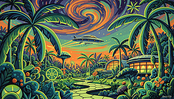Lush Cosmic Oasis —, Lush Greenery, UFO, Palm Tree, Tropical Landscape, Sci Fi HD wallpaper