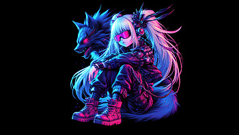 Little Cyber Girl And Wolf, arist, artwork, art, digital-art, neon, wolf, anime-girl, anime, artist, deviantart HD wallpaper
