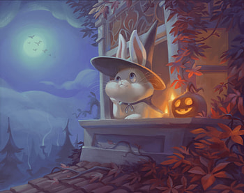 Moonlight, stacy frantsek, sky, orange, blue, art, bunny, halloween, fantasy, moon, tower, pumpkin, luna, rabbit HD wallpaper