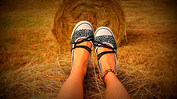 Grass, Miscellanea, Miscellaneous, Sit, Legs, Footwear, Hay HD wallpaper