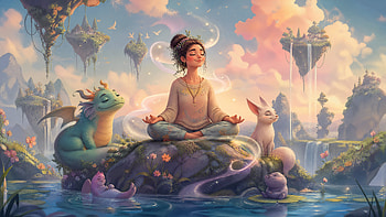 Mindful Oasis — Floating Serenity, Mindfulness, Meditation, Woman, Dragon, Rabbit, Floating Island HD wallpaper