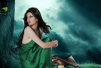 Sing me a song birdy, music, bird, green, violin, woman HD wallpaper
