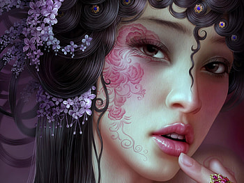 Beautiful Lilac, tattoo, digital art, beauty, finger, cg, , female, graceful, red lips, digital painting, gorgeous, girl, beautiful, tang yuehui, artwork, make up, fantasy, pretty, face, lovely, hair, eye, lilac HD wallpaper