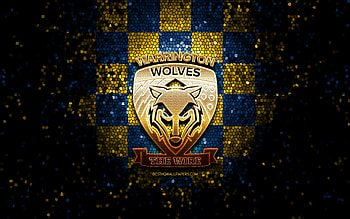 Warrington Wolves, glitter logo, SLE, blue yellow checkered background, rugby, english rugby club, Warrington Wolves logo, mosaic art HD wallpaper