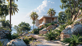 house, stone, palm tree, sky HD wallpaper