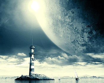 Lighthouse, full moon, boat, abstract, moon, fantasy, clouds, sailboat HD wallpaper