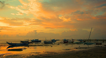 Orange Sky, sea, boat, cloud, sunset HD wallpaper