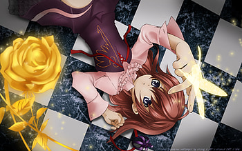 Ushiromiya Maria, blue eyes, umineko no naku koro ni, girl, red hair, dress, anime, butterfly, flower, short hair HD wallpaper