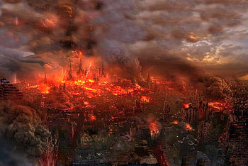 Red destruction, city, flames, buildings, destruction, heat, red, smoke, clouds, fire HD wallpaper