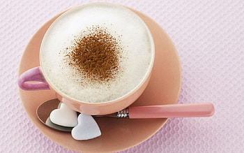 Good day to all!, sweet, white, cocoa, sugar, cup, food, pink, brown, mousse, love, coffee, cappuccino, heart, good, spoon HD wallpaper