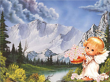 Collage, basket, angel, lake, mountain HD wallpaper