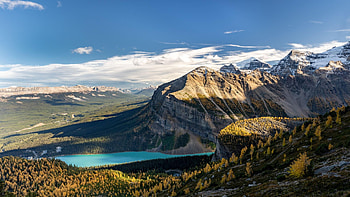 View of Lake Louise from Mt. St. Piran, Canada, Banff NP, landscape, clouds, Alberta, sky, mountains HD wallpaper