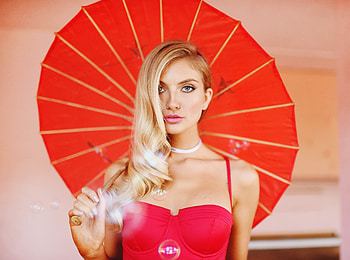 Chanel Gray, girl with umbrella, red, celebrity HD wallpaper