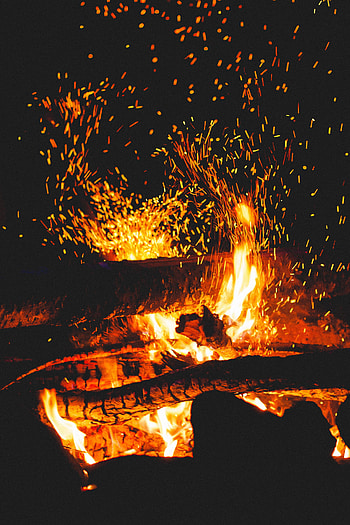 Fire, Bonfire, Dark, Sparks, Logs HD phone wallpaper