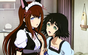 makise kurisu and shiina mayuri, maid, kitty, steins gate, cute, lovely HD wallpaper