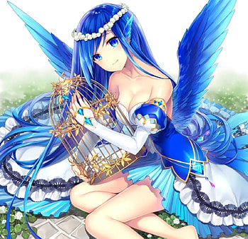 Golden Birdcage, feathers, cute, birdcage, angel, long hair, dress, beauty, lady, female, golden, wings, sweet, white, soft, blue hair, girl, beautiful, woman, jewels, anime girl, anime, pretty, lovely HD wallpaper