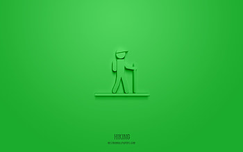 Hiking 3d icon, green background, 3d symbols, Hiking, sport icons, 3d icons, Hiking sign, sport 3d icons HD wallpaper