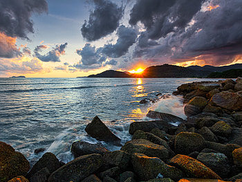 Nature, Sunset, Stones, Sea, Coast, Beams, Rays HD wallpaper