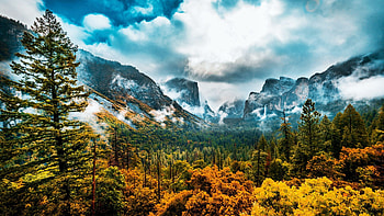 Autumn Scenery at Yosemite NP, valley, fall, clouds, trees, colors, sky, mountains, california, usa, leaves HD wallpaper