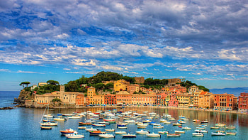 bay of silance near genoa italy, town, boats, bay, clouds, hill HD wallpaper
