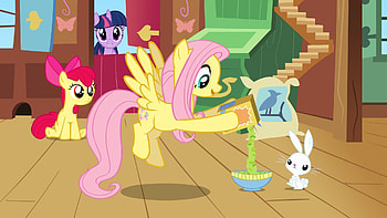 Feeding Angel Bunny, Cartoon, Fluttershy, Pegasus, My Little Pony, Friendship is Magic, Applebloom, Unicorn, Angel Bunny, Pony, Rabbit, Twilight Sparkle HD wallpaper