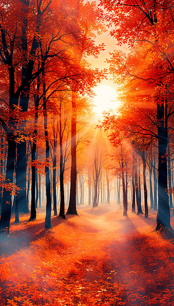Vibrant Orange Forest: A Stunning , orange (Color), Autumn, forest, sunlight, tree HD phone wallpaper