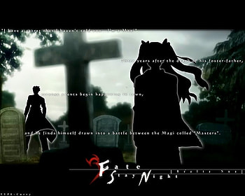 Fate/Stay Night, black, man, standing, rin, rohsaka, girl, tree, shadows, unlimited blade works, wind, anime, sky, grave, ubw HD wallpaper