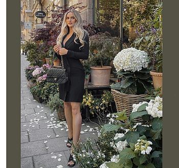 ANNA NYSTROM, SLIP ON FLATS, STANDING, FLOWER SHOP, PLATINUM BLONDE, BLACK DRESS, HOLDING HANDBAG, BELT, JEWELRY HD wallpaper