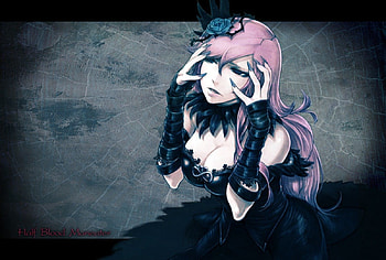 Misery, gray eyes, gloves, vocaloid, pink hair, long hair, black dress, rose, anime, megurine luka HD wallpaper