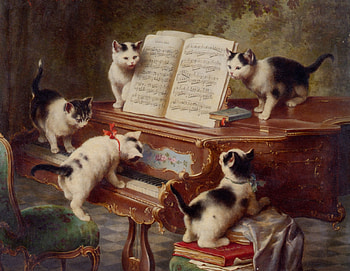 Recital, kitten, cat, pisica, instrument, painting, piano, pictura, henriette ronner knip, luminos HD wallpaper
