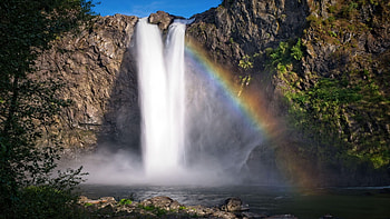 Snoqualmie Falls, Washington, rainbow, sky, cascade, cliff, water, rocks HD wallpaper