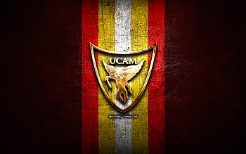 UCAM Murcia CB, golden logo, ACB, red metal background, spanish basketball team, UCAM Murcia CB logo, basketball, UCAM Murcia Basketball Club HD wallpaper
