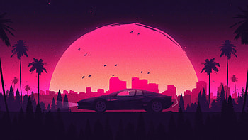 Pink Retro City Lamborghini, artist, artwork, digital-art, retro, pink, lamborghini HD wallpaper
