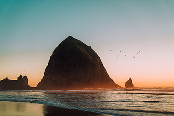 Mountain, beach, sunset HD wallpaper
